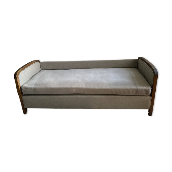 Méridienne ancienne Napoléon III en bois massif et velours beige