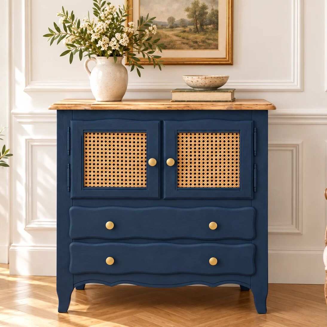 Small renovated vintage buffet in blue from Vosges, Libéron and caning – 2 doors, 2 drawers