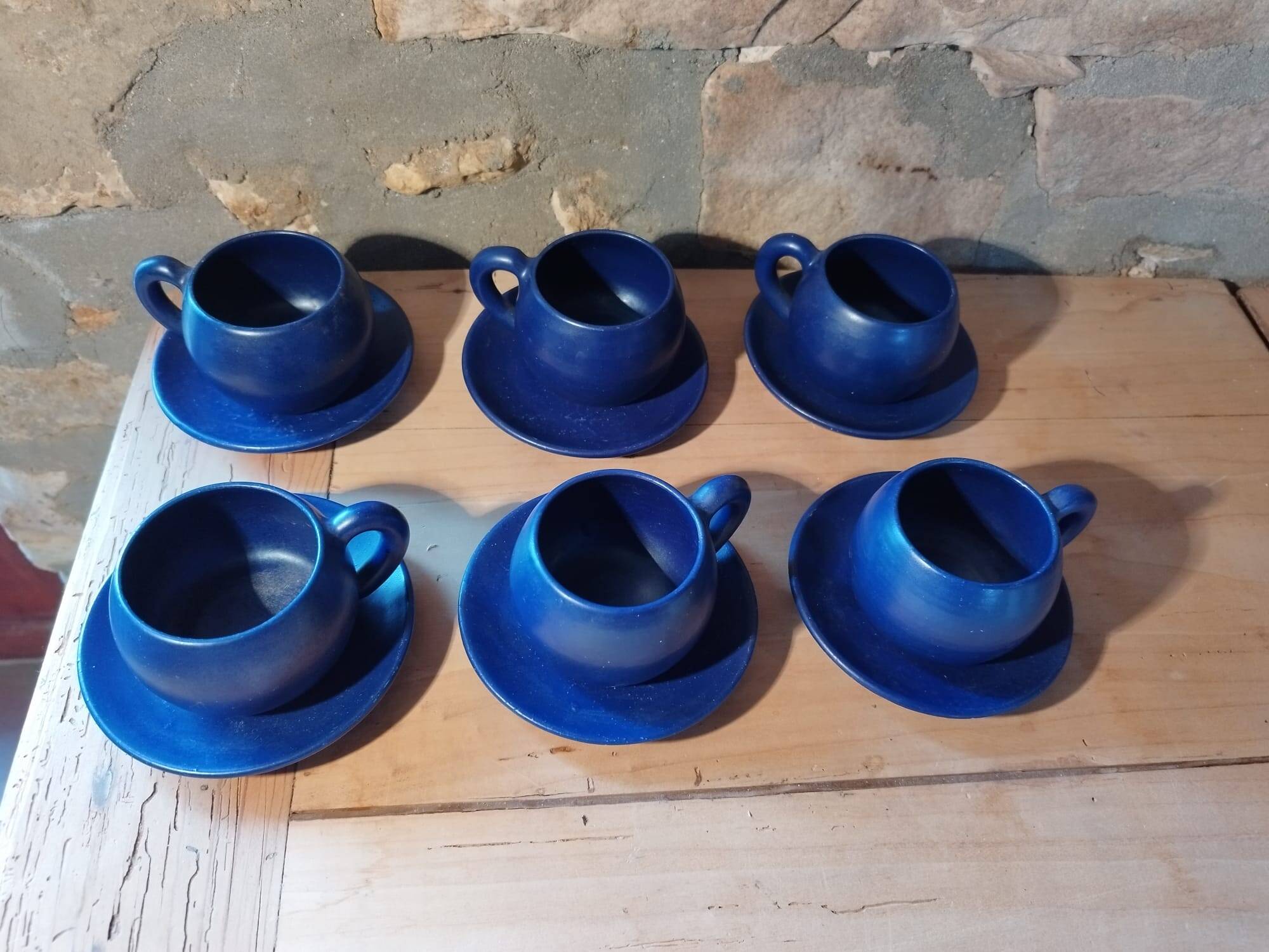 Set of 6 dark blue cups and saucers Charles Voltz Vallauris
