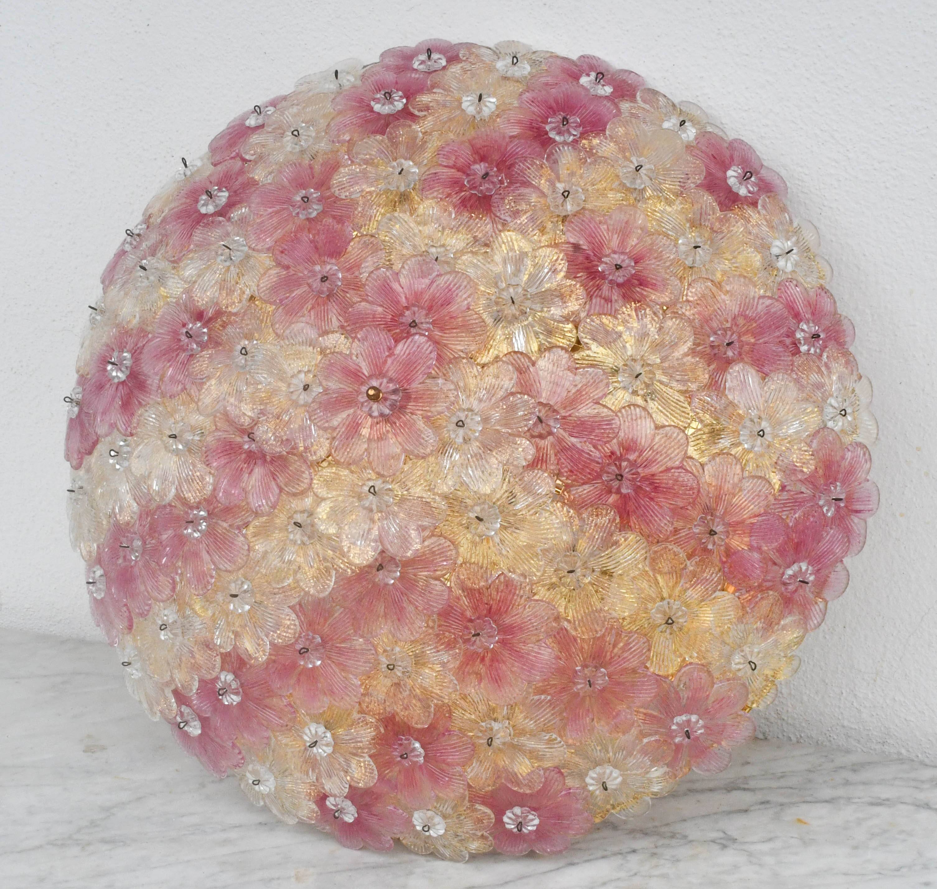 Amazing Pink and Gold Large Size Murano Ceiling Light Flower by Seguso