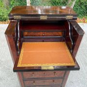 19th-century secretary chiffonnier in walnut burl & gilded leather with brass fittings.