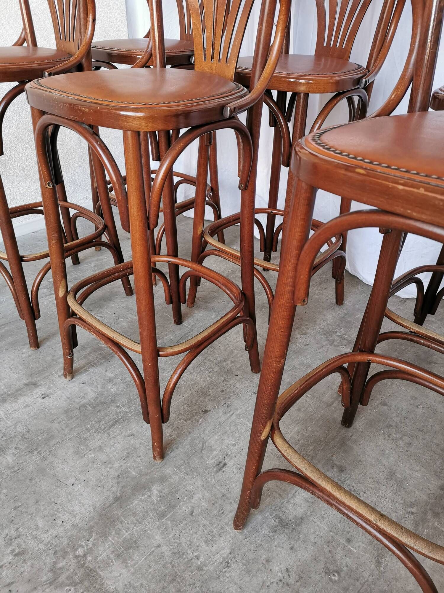 Set of 6 Vintage Bentwood Bar Stool Set: Brown Leather Seat, Nailhead Trim