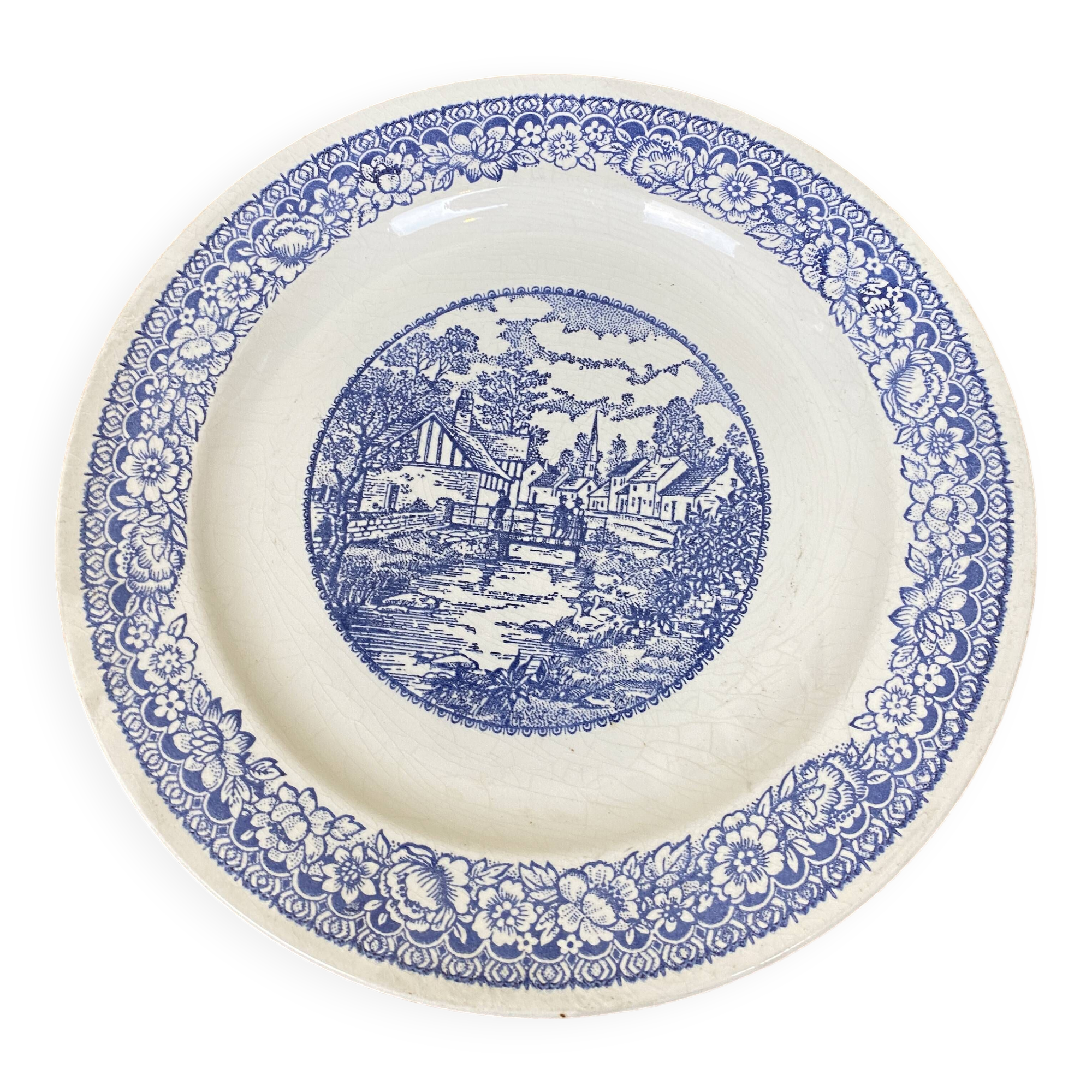 Large blue and white porcelain plate 20th art nouveau