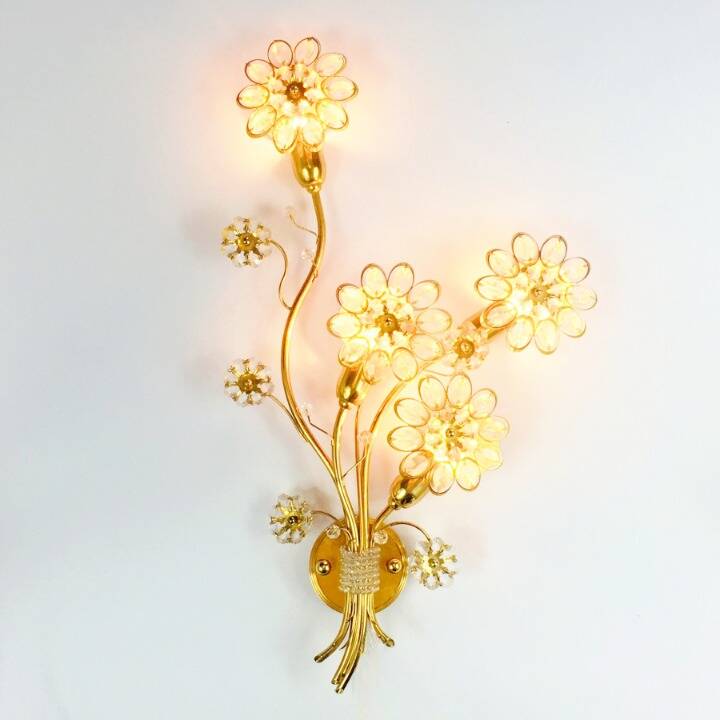 Pair of Extra Large Mid Century Gilt Brass & Crystal Flower Shape Wall Lights from Palwa, Germany