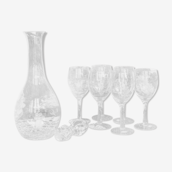 Ensemble carafe et verres à vin en verre ciselé