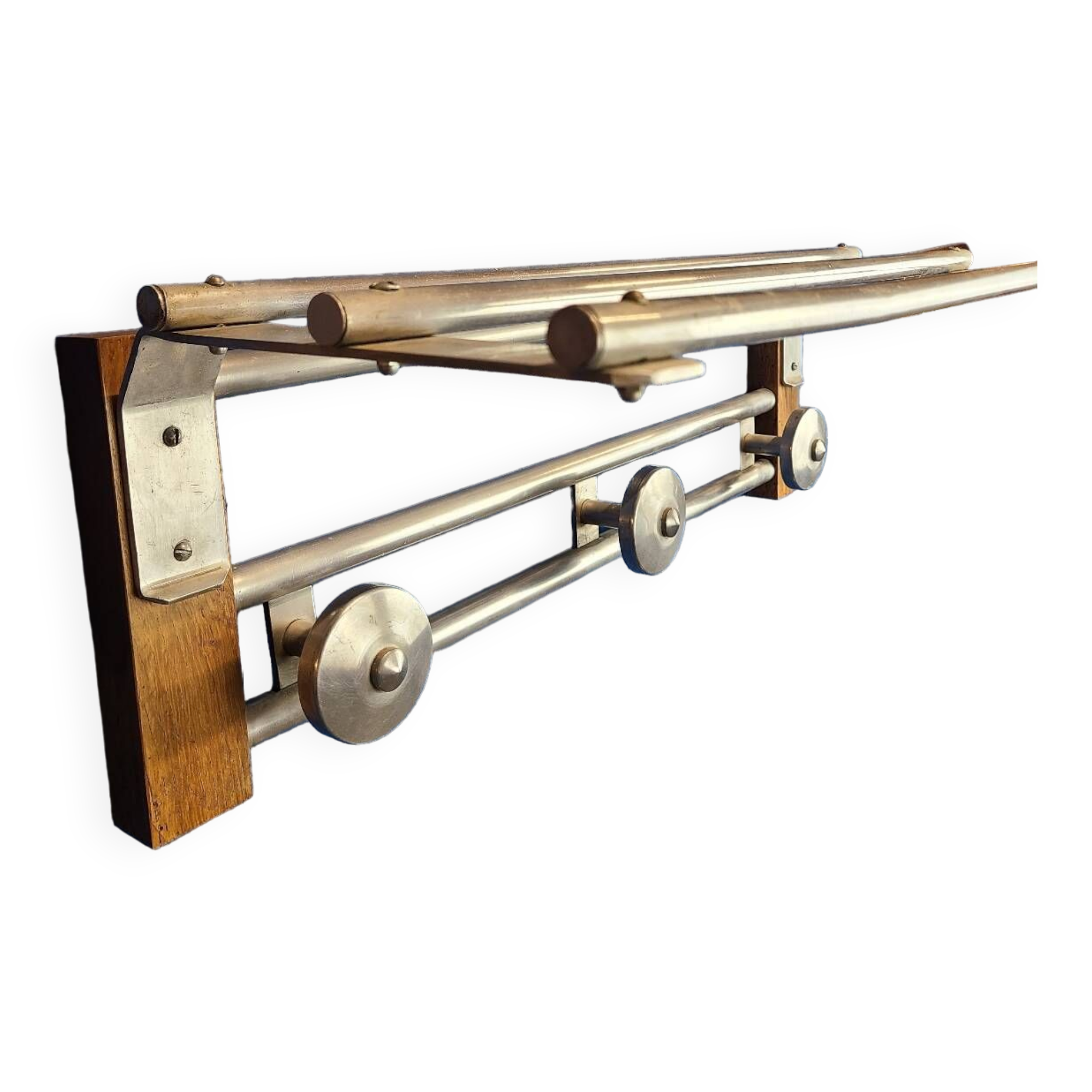 Coat rack, oak, vintage aluminum