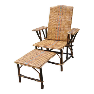 Chaise longue en rotin et osier vintage 1920
