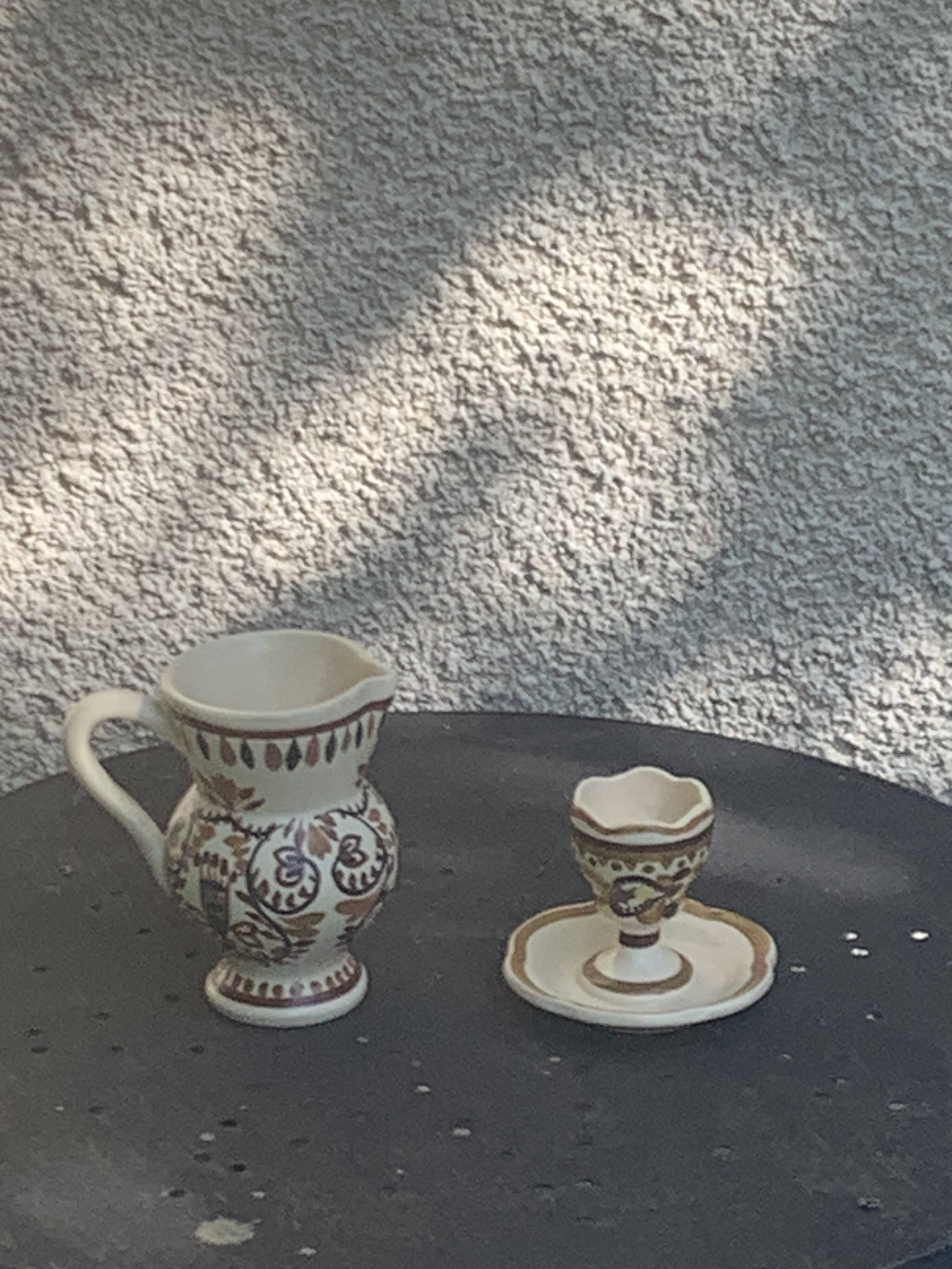 Egg cup and pitcher in handcrafted enameled ceramic, hand-painted brehat