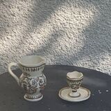 Coquetier et pichet en ceramique emaillée artisanal, peint a la main brehat