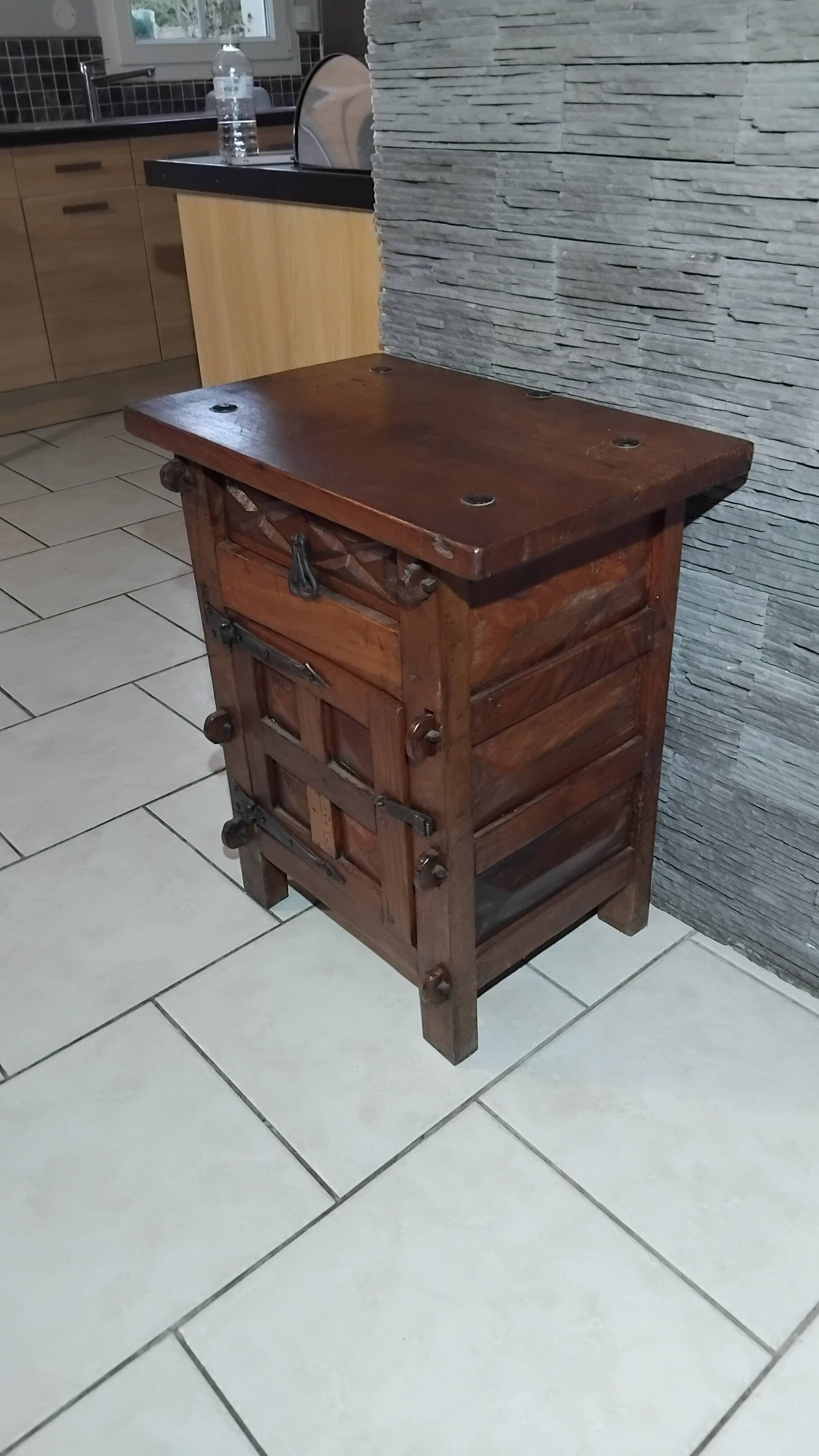 Small vintage brutalist solid oak jam cupboard with wrought iron trim