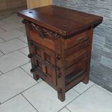 Small vintage brutalist solid oak jam cupboard with wrought iron trim