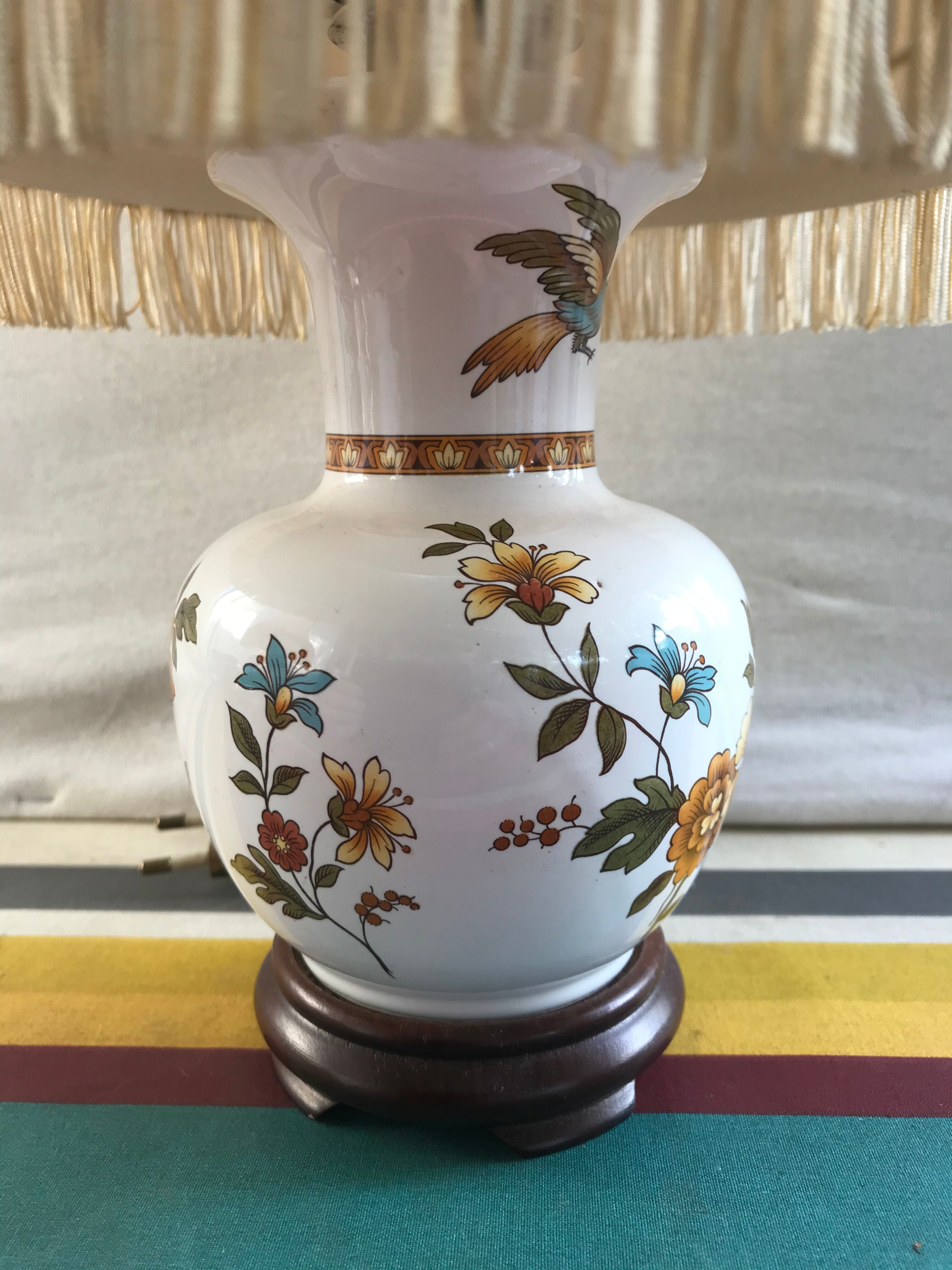 Pair of ancient ceramic lamp Moustiers style with vintage cream lampshades