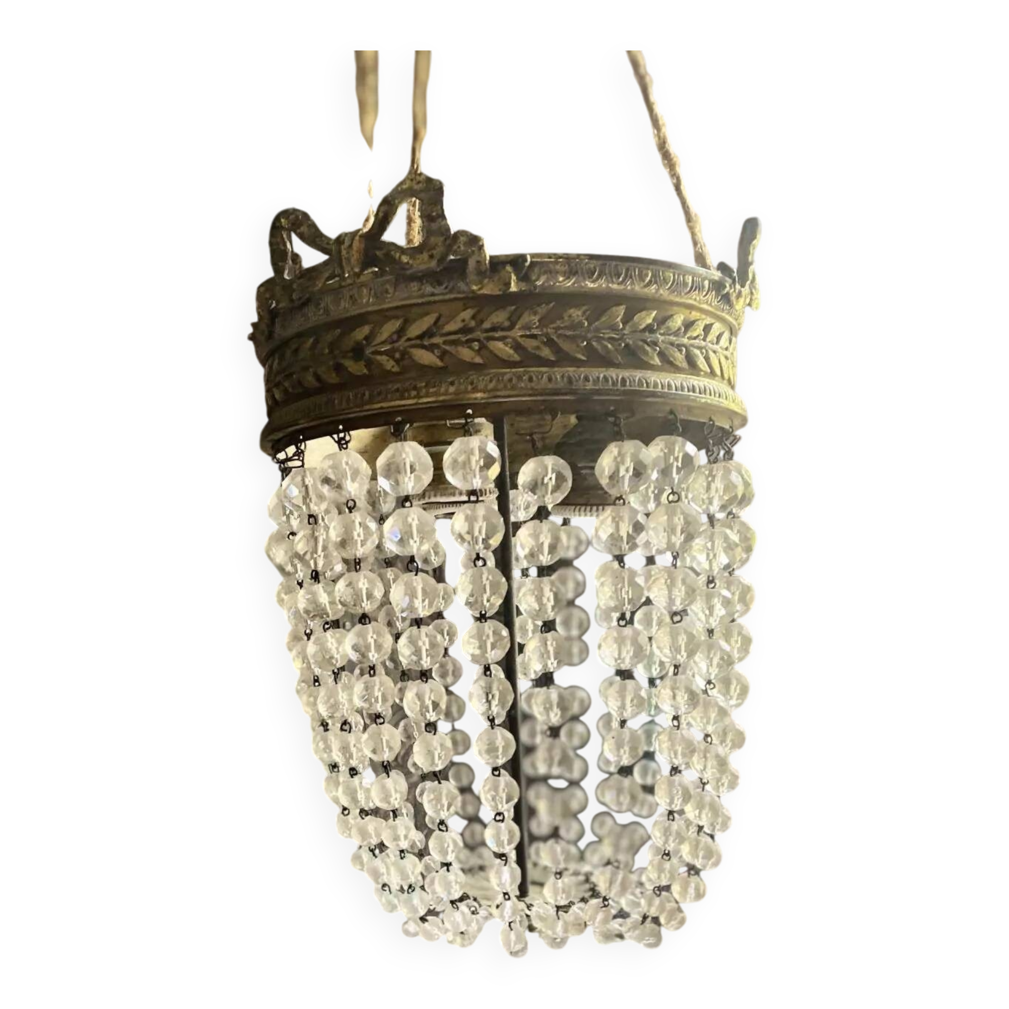 Lustre montgolfière Louis XVI – Bronze doré & pampilles – Époque 1900