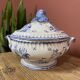 Soup tureen and its presentation dish with blue Moustiers decor