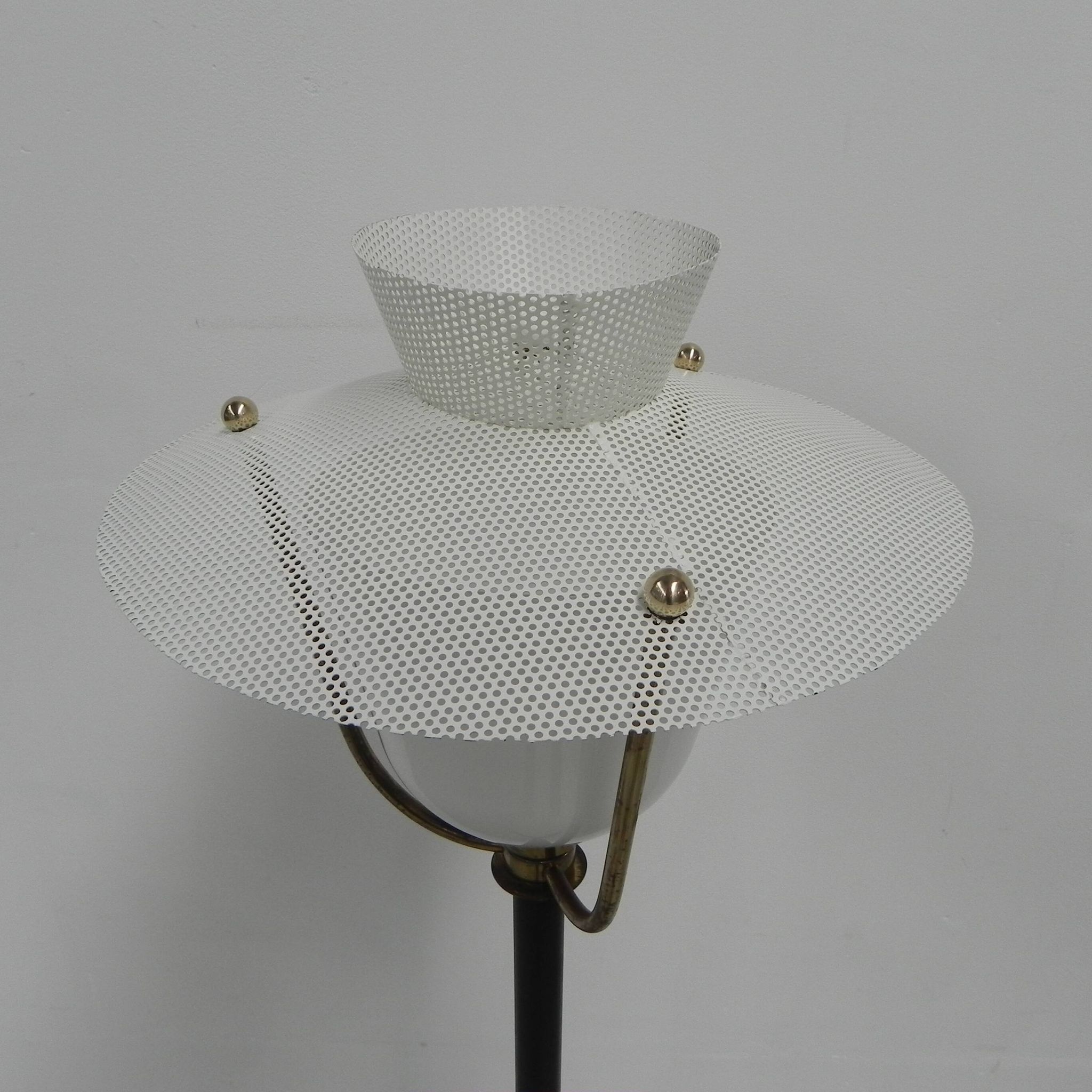 Standing vintage lamp with glass shade and perforated steel shade