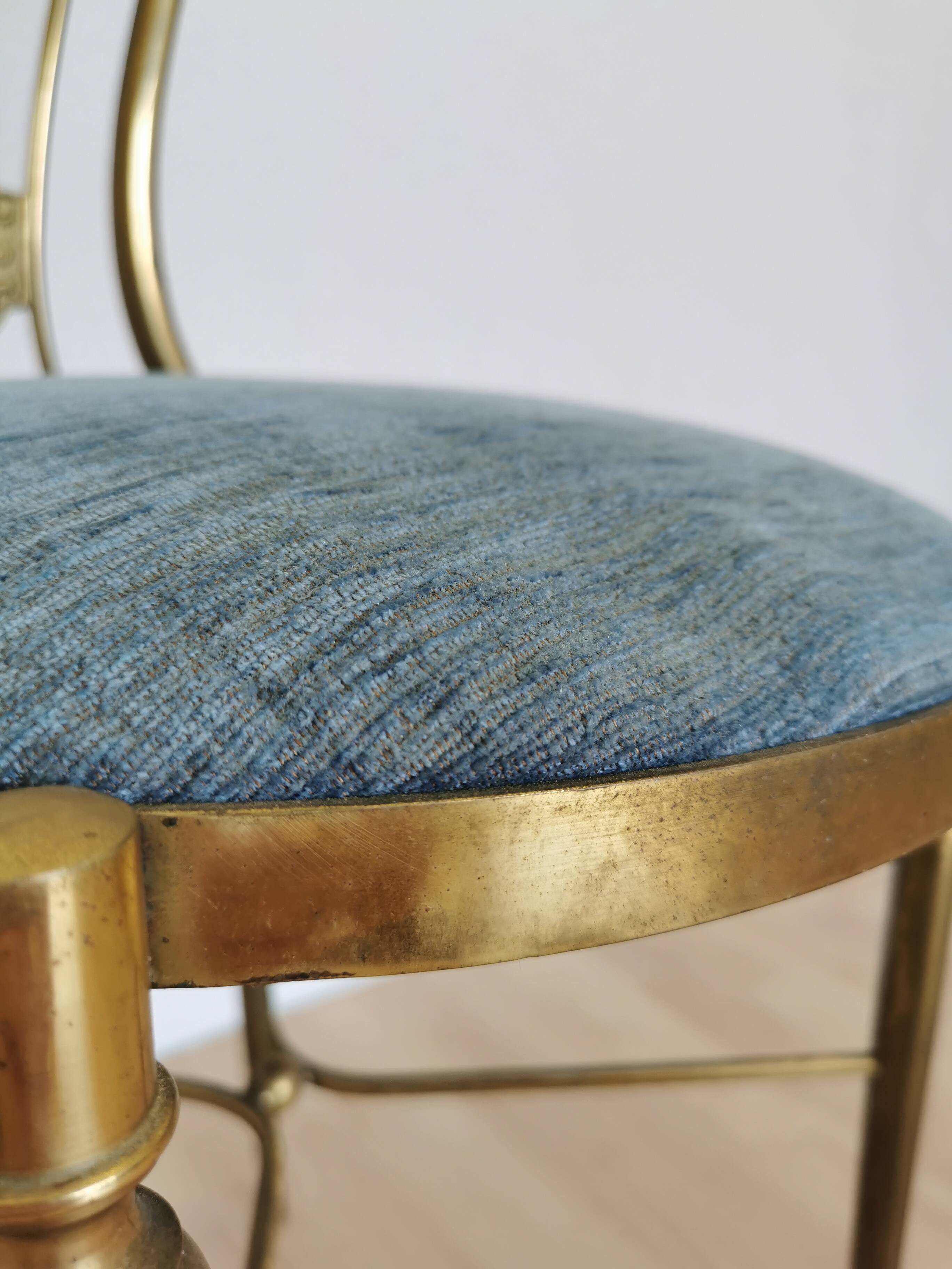 Vintage Paolo Buffa Brass Vanity Chair: Chiavari Style, Blue Fabric, 1950s