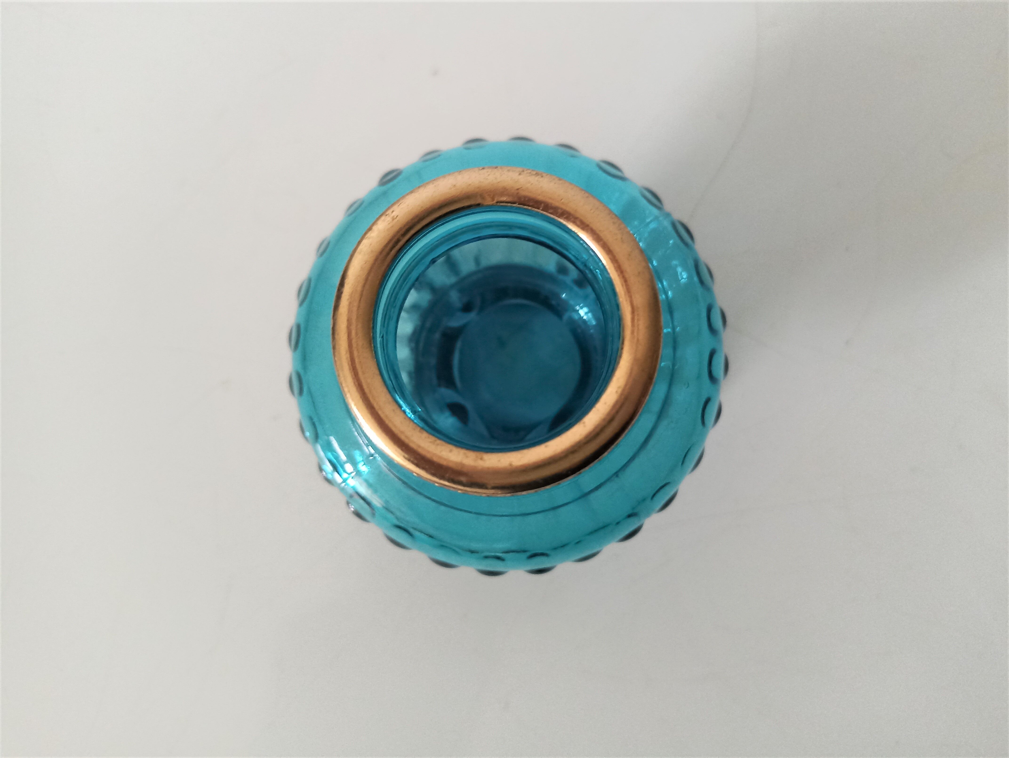 Encrier ancien en verre turquoise et laiton