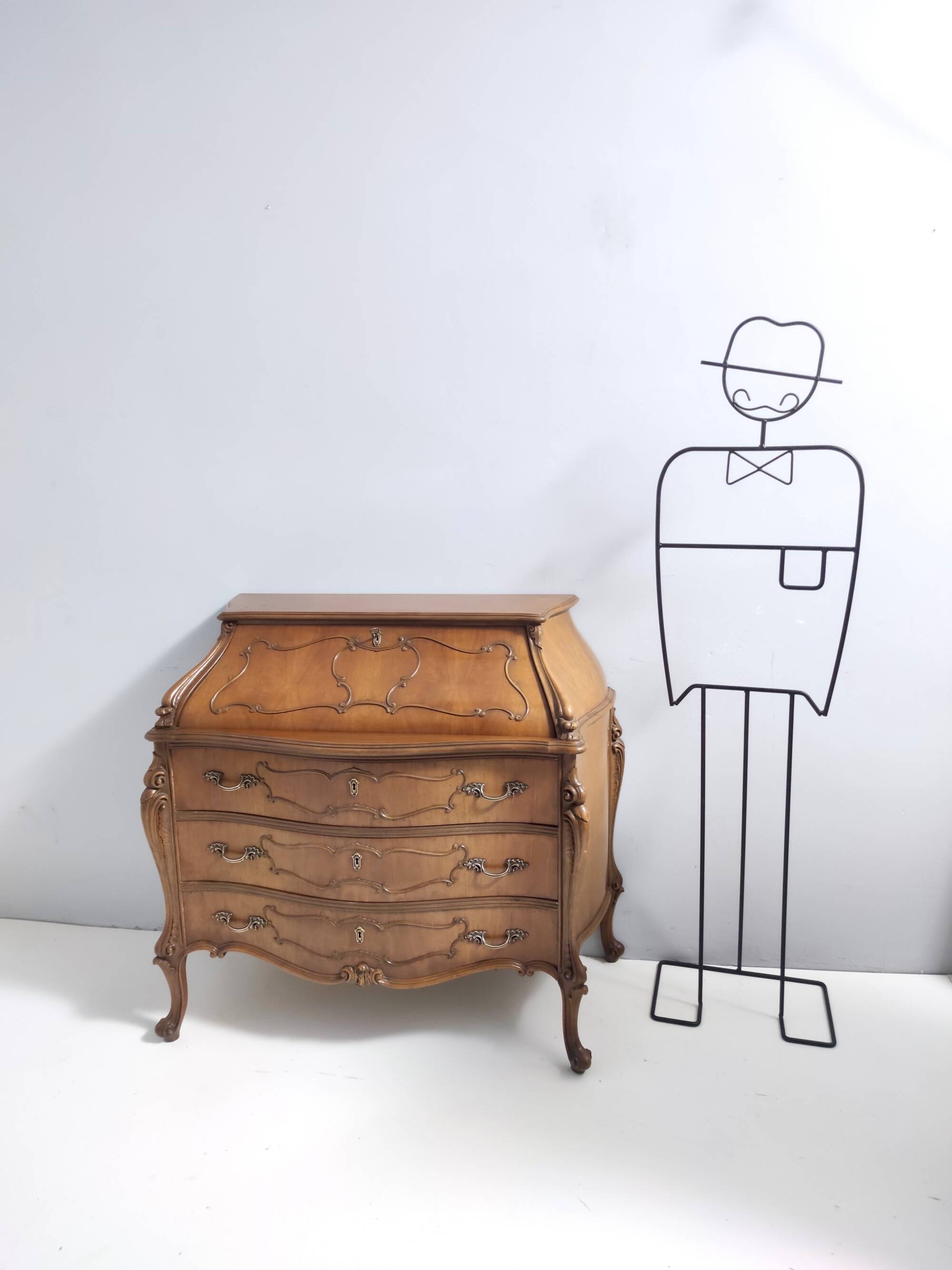 Vintage Baroque Solid Walnut Dresser with Inlaid Designs, Italy