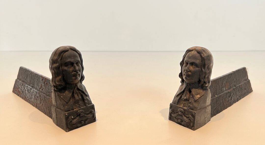 Pair of Cast Iron Andirons in the Likeness of Beethoven. France. Circa 1900.