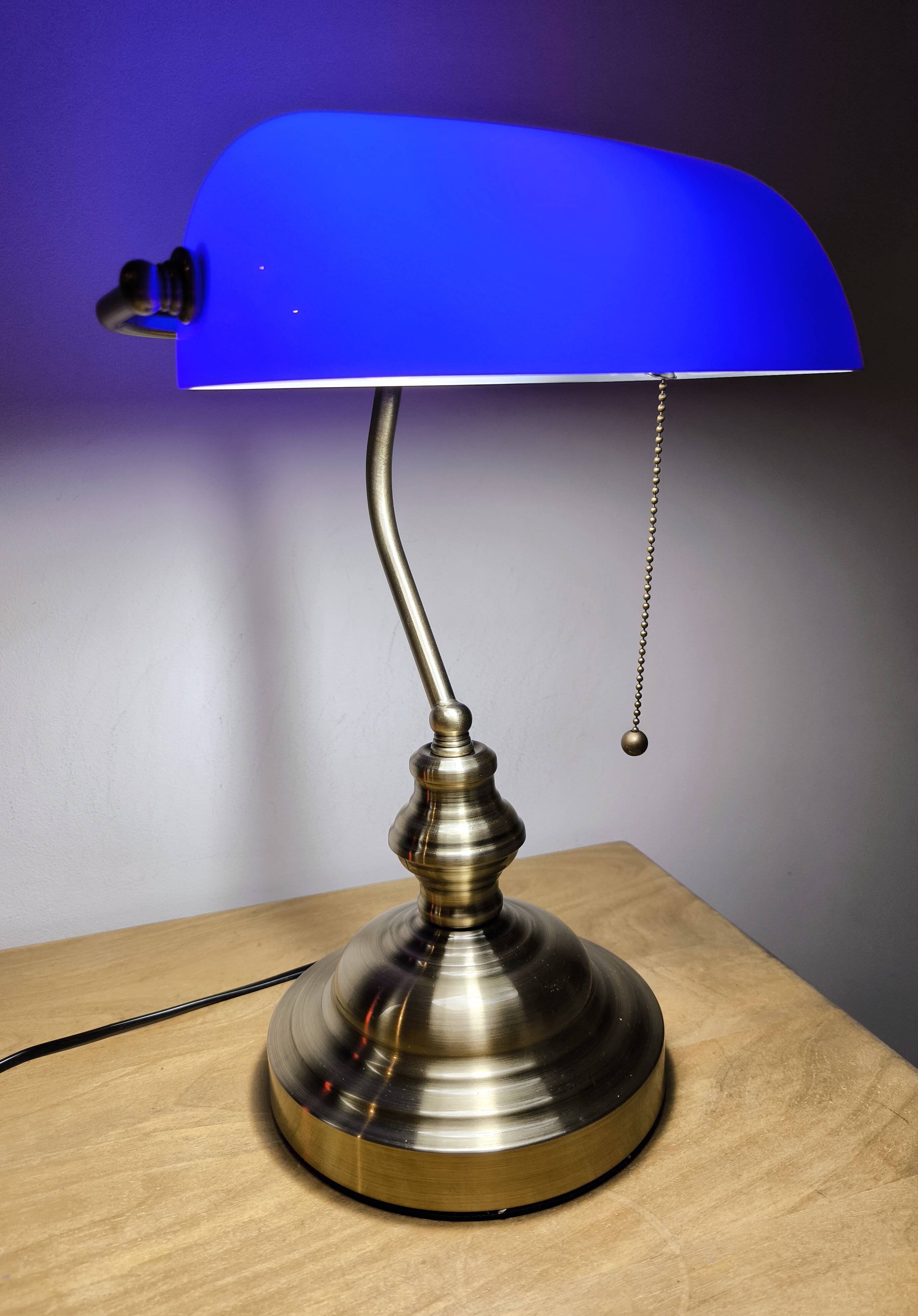 Lampe de banquier vintage en cristal bleu années 80