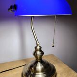Lampe de banquier vintage en cristal bleu années 80
