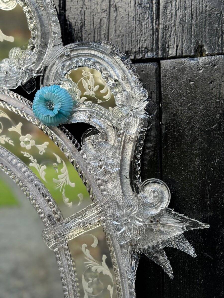 Colorless and Blue Murano Glass Venetian Mirror