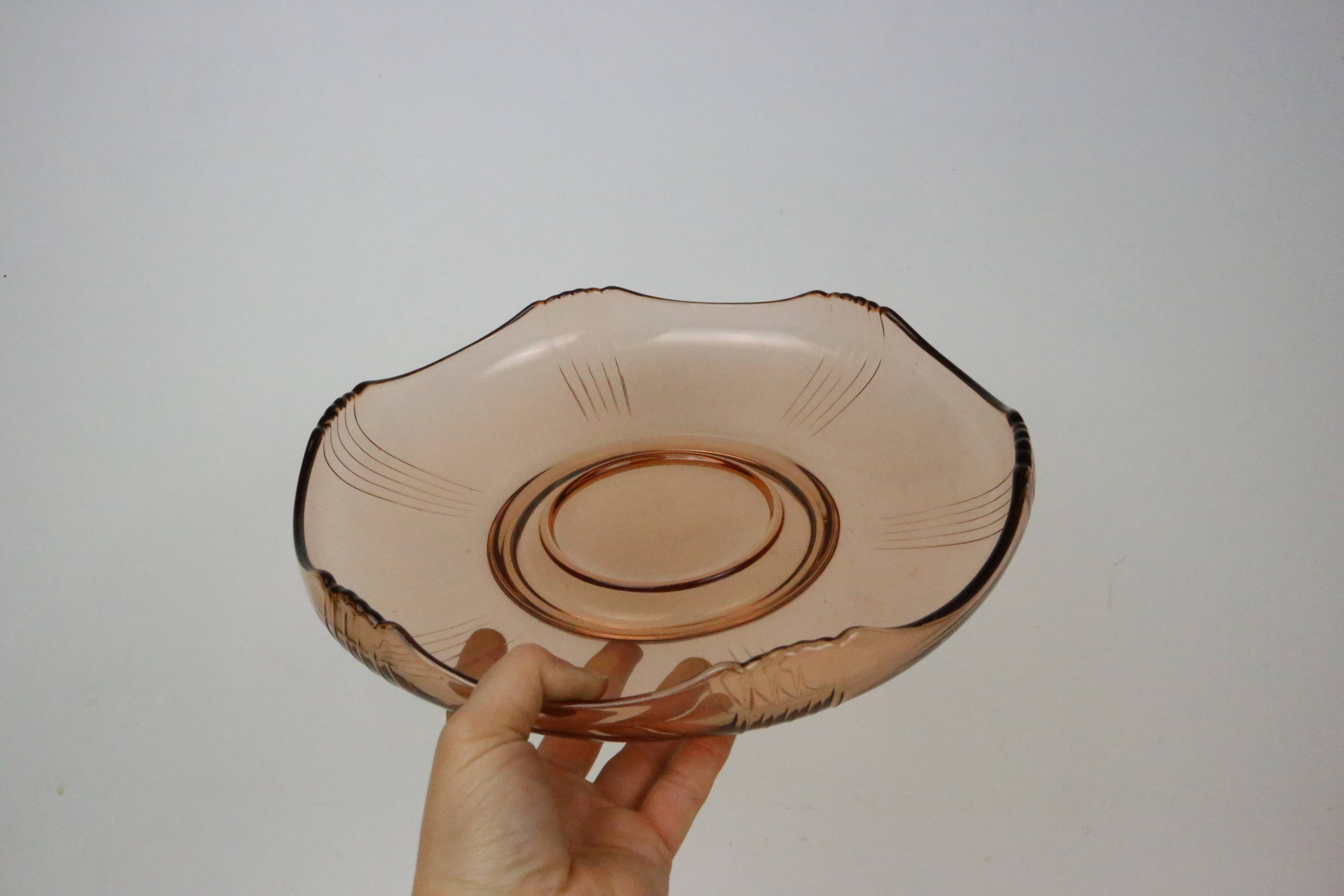 Round pink glass dish, empty pocket or salad bowl, molded glass, art deco