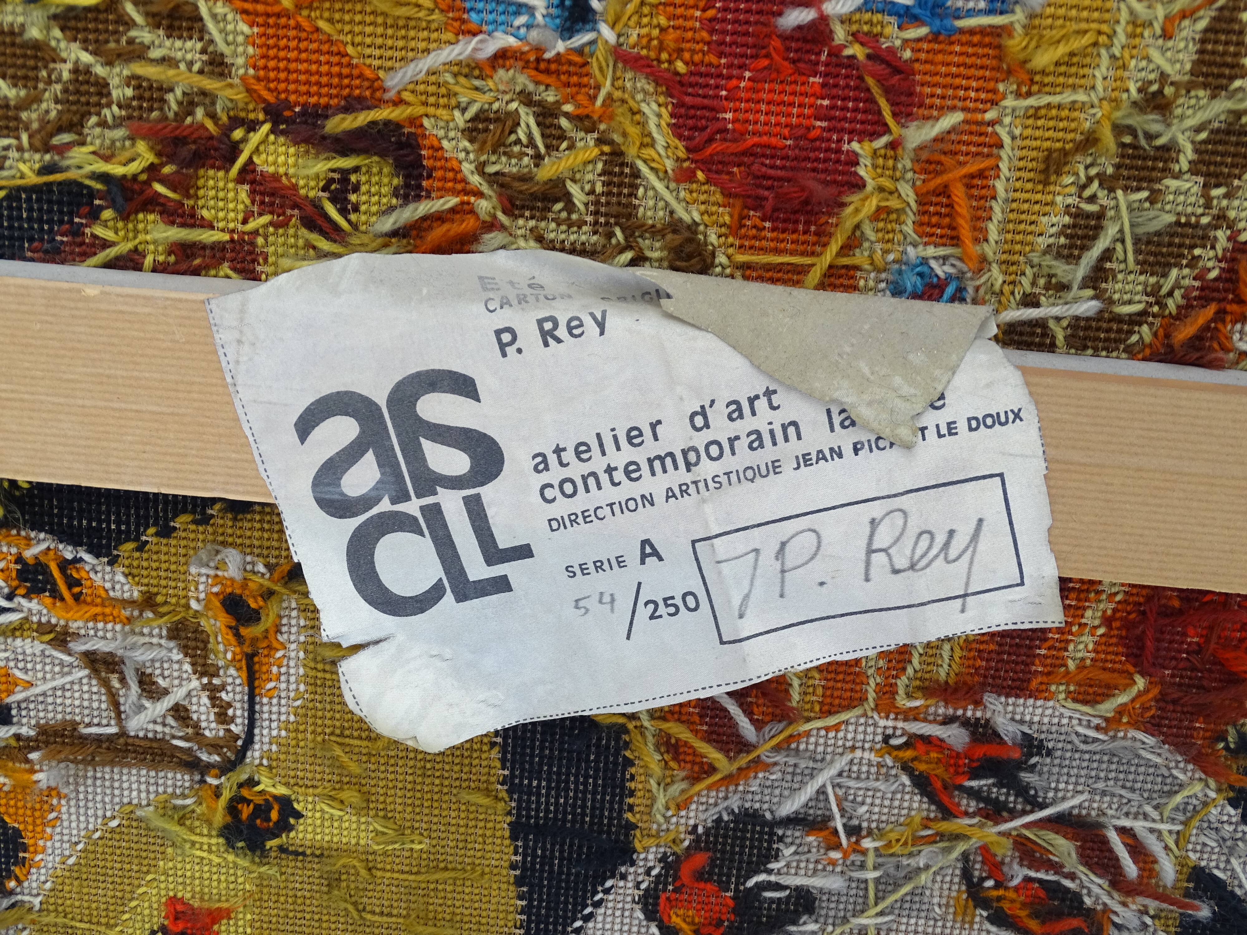 Wall tapestry "the rooster under the bouquet of wheat" signed Rey, circa 1970