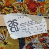 Wall tapestry "the rooster under the bouquet of wheat" signed Rey, circa 1970