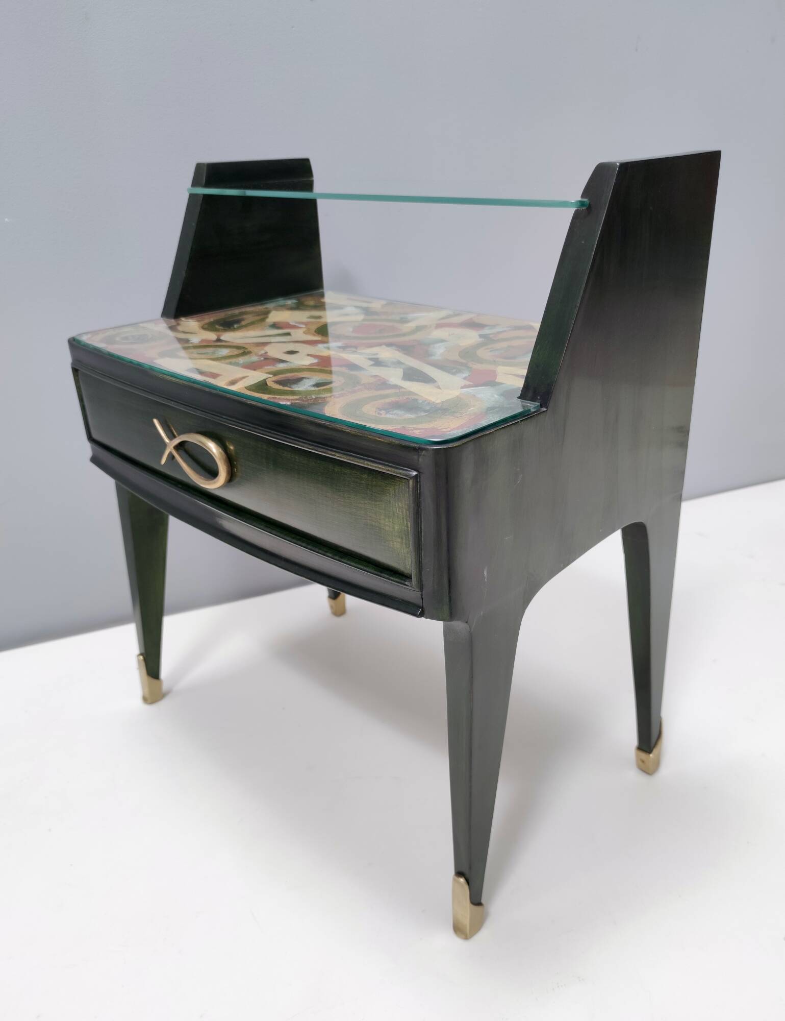 Pair of Dark Green Wooden Nightstands in 1950s Style with a Decorated Top,