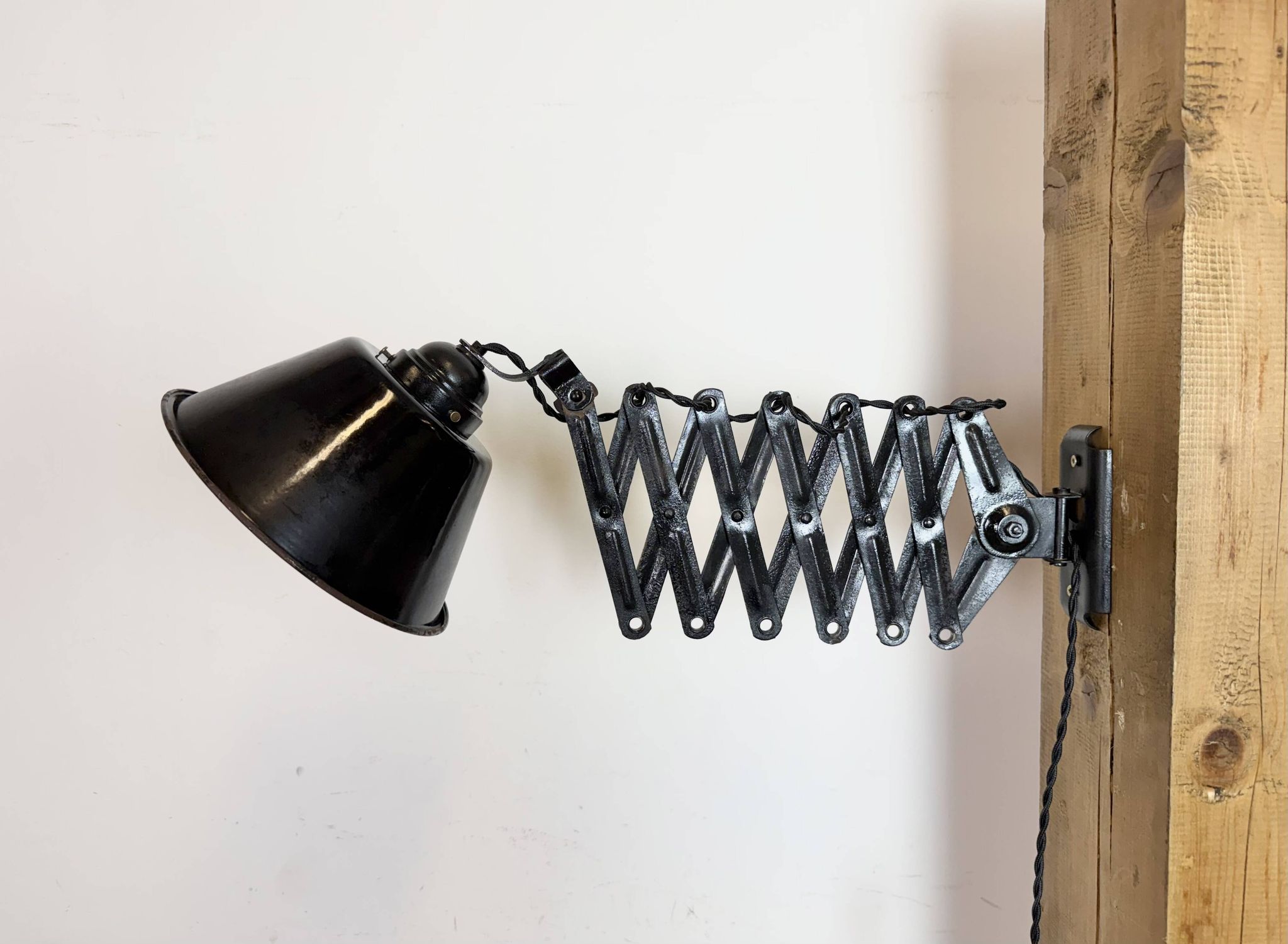 Industrial Black Enamel Scissor Wall Lamp, 1930s