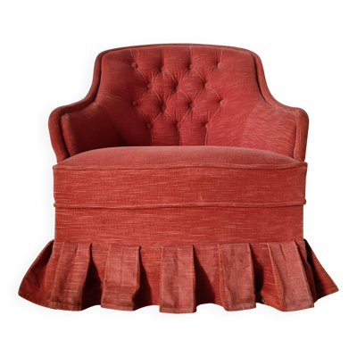 Fauteuil crapaud en velours rouge - jupe