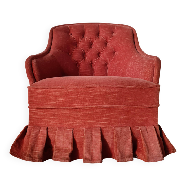 Fauteuil crapaud en velours rouge - jupe