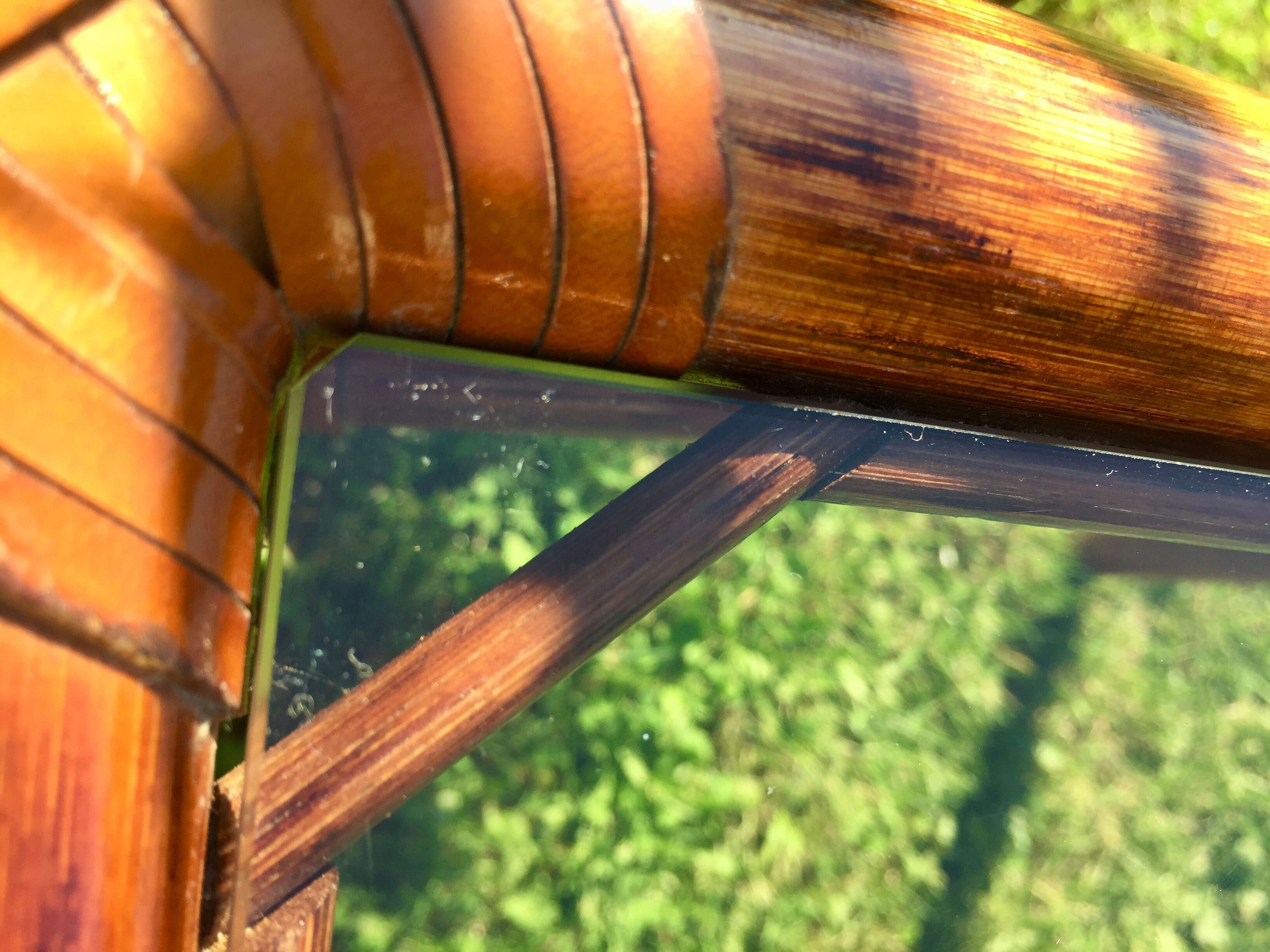 Bamboo pull-out table / leather and vintage glass