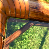 Bamboo pull-out table / leather and vintage glass
