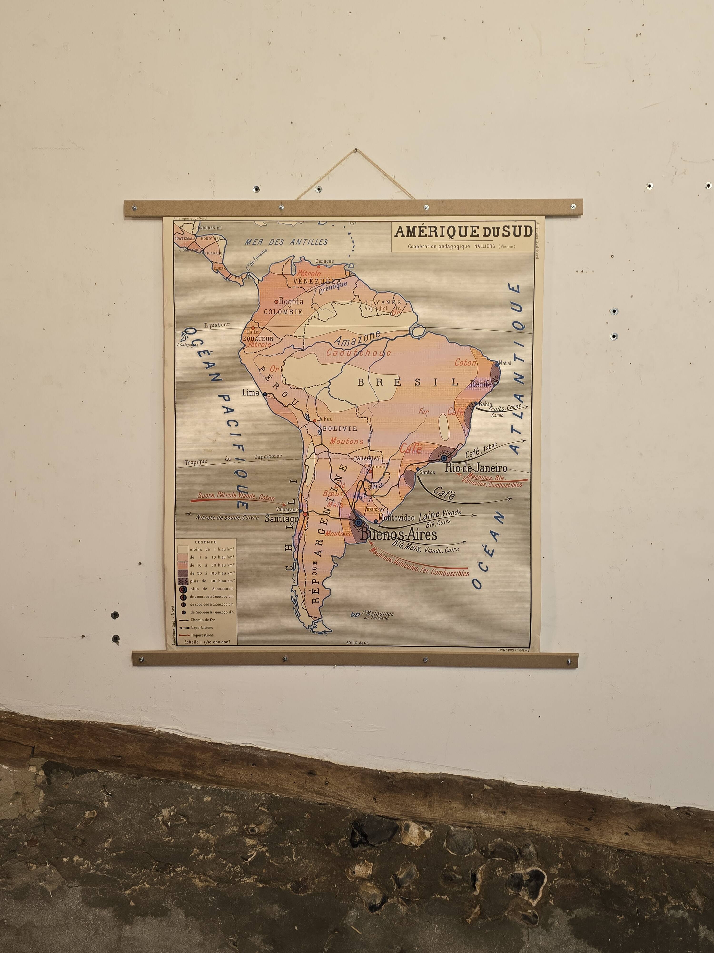 Old geography map / school map South America North America