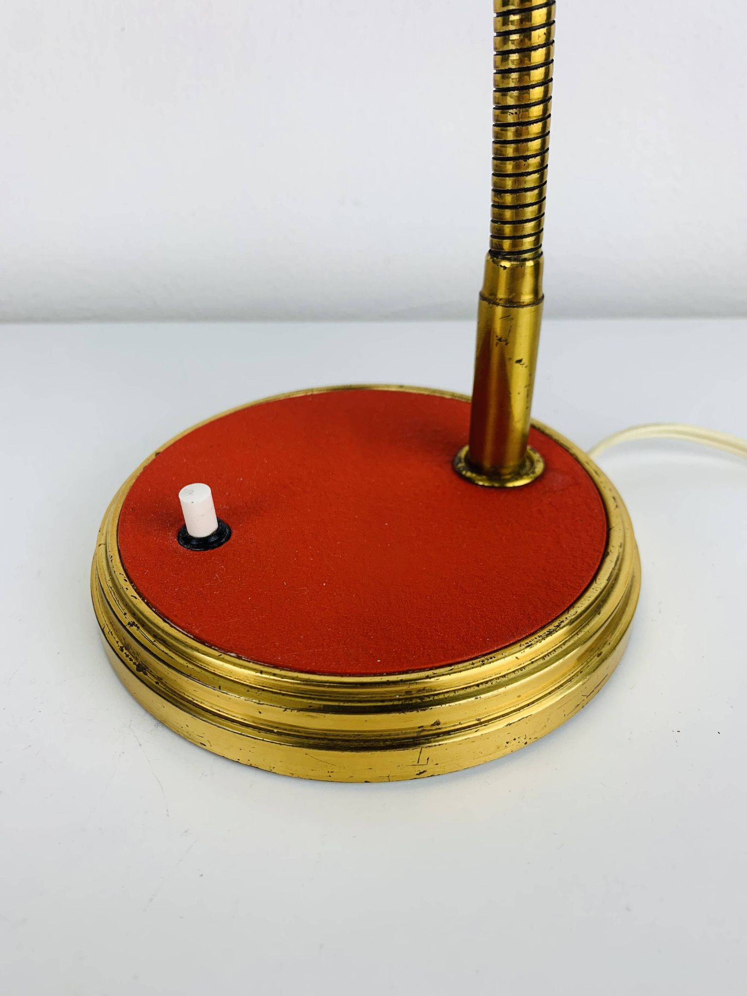 1950s desk lamp, red metal and brass