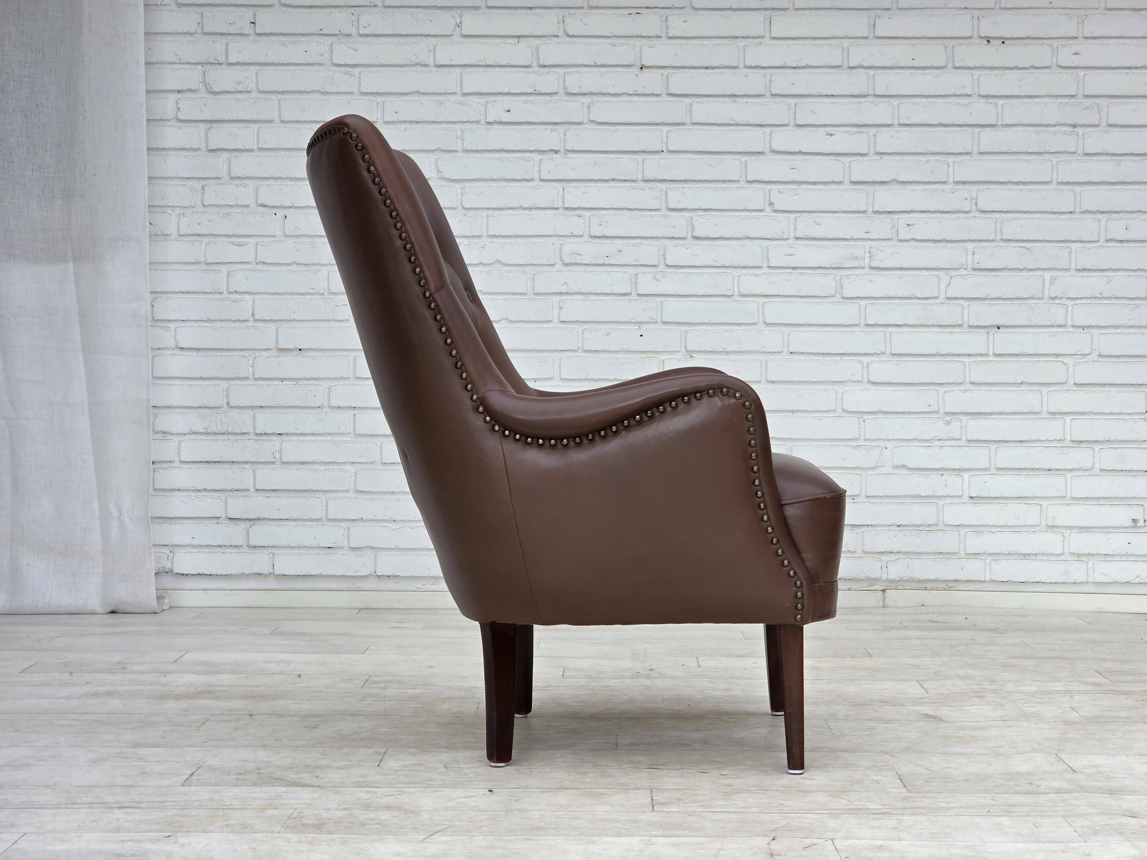 1970s, Danish armchair, original brown furniture leather.