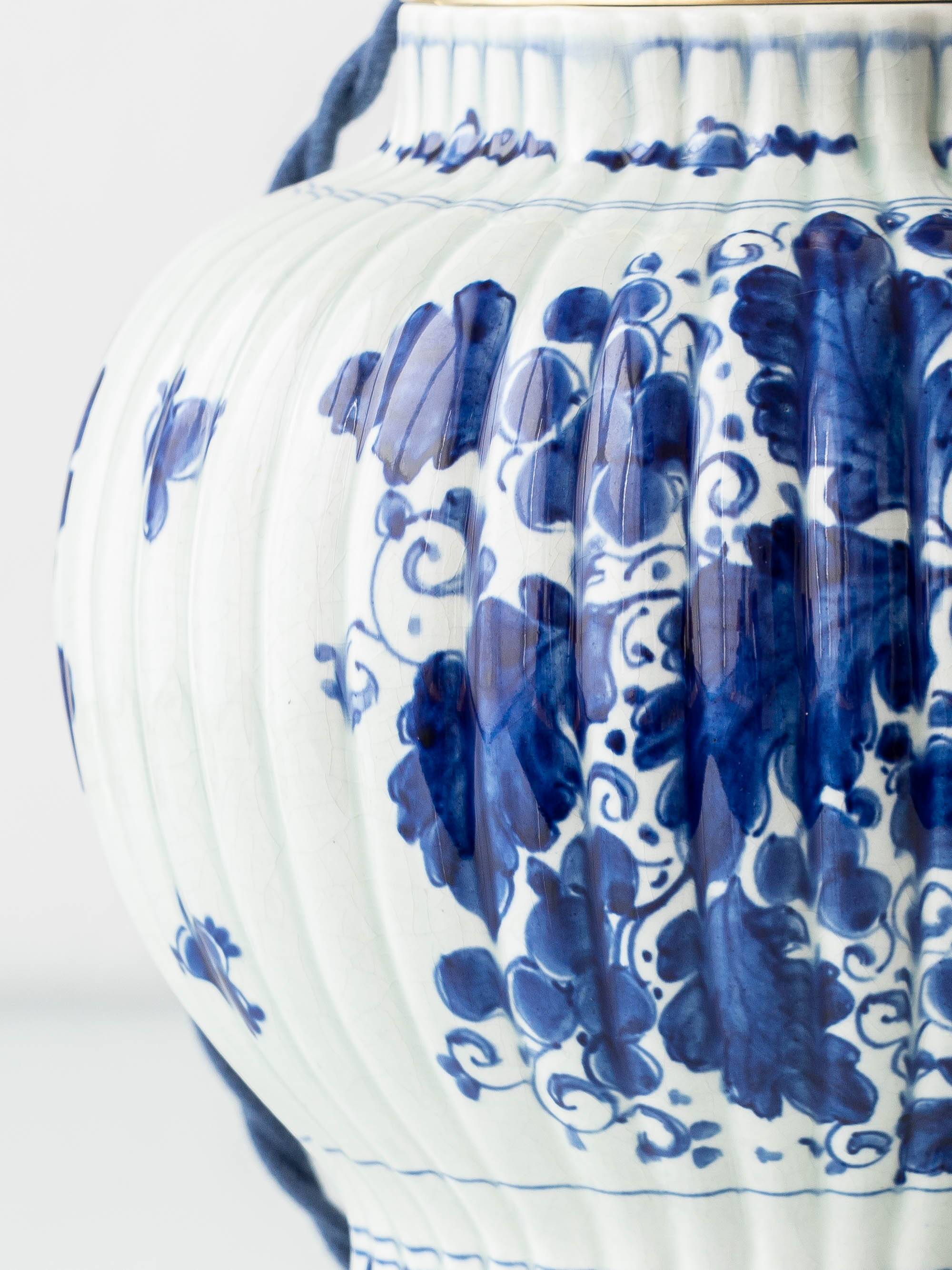 Royal Delft 1924 Blue and White Ceramic Table Lamp, New Vermilion Silk Shade
