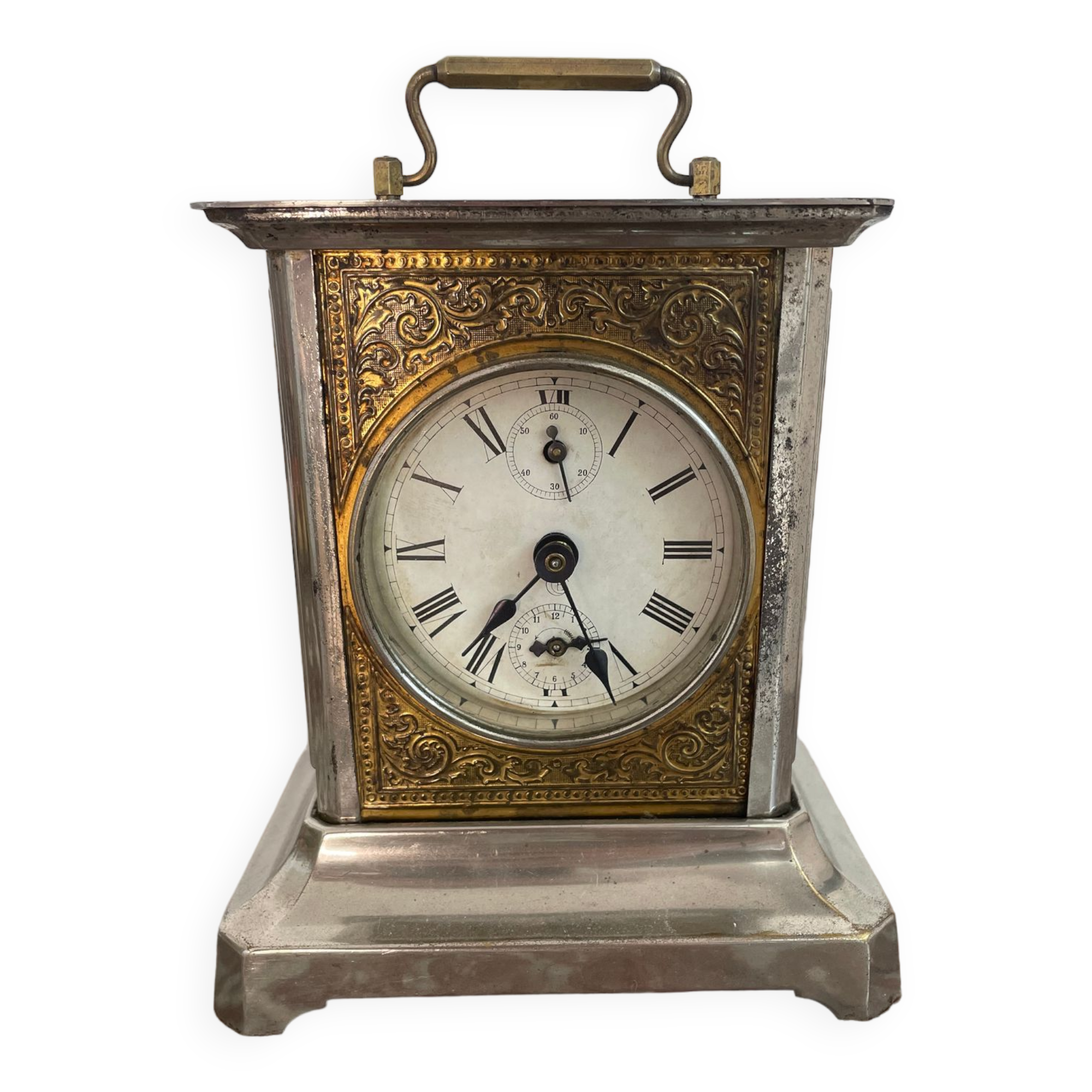 Horloge, pendule d'officier, laiton, pendule voyage, réveil, cadran, vitres latérales, restaurée