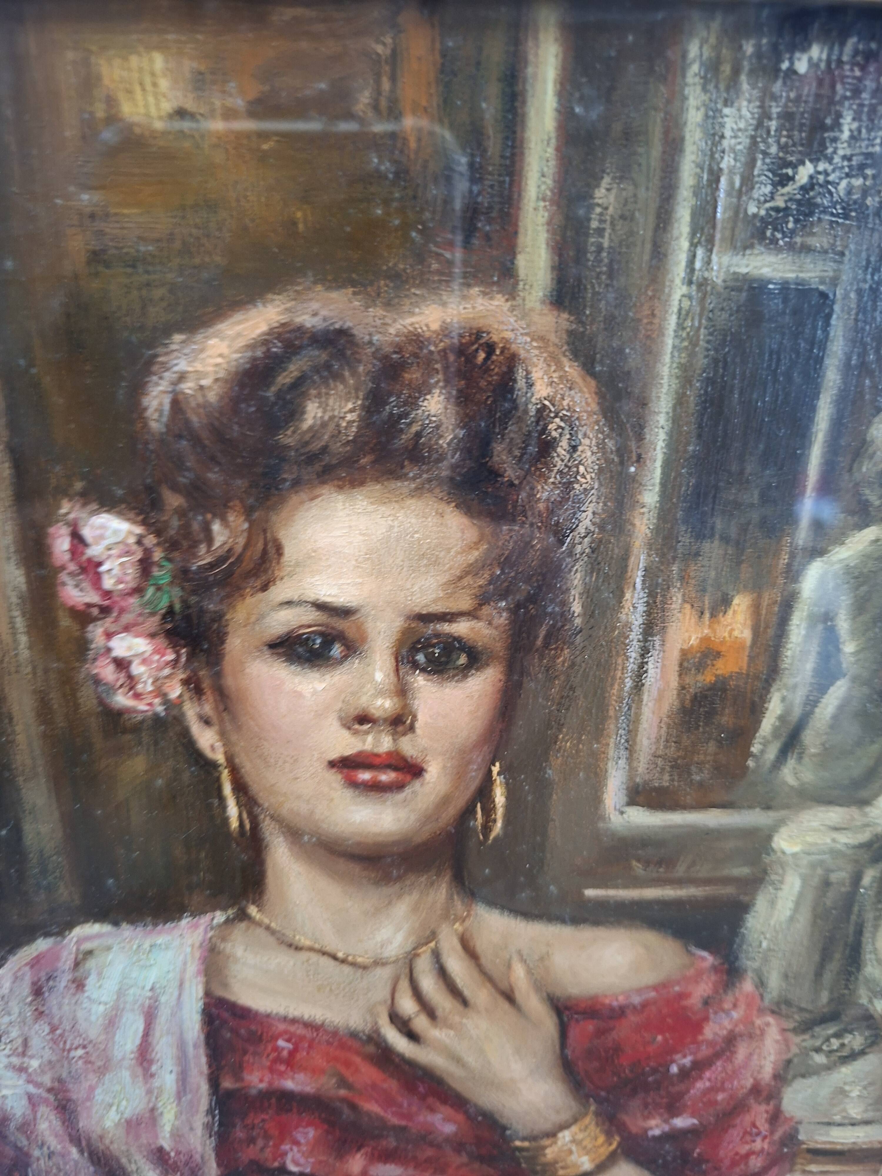 Splendido Dipinto d’Autore Franco Rispoli Scuola Napoletana Rittratto Femmi
