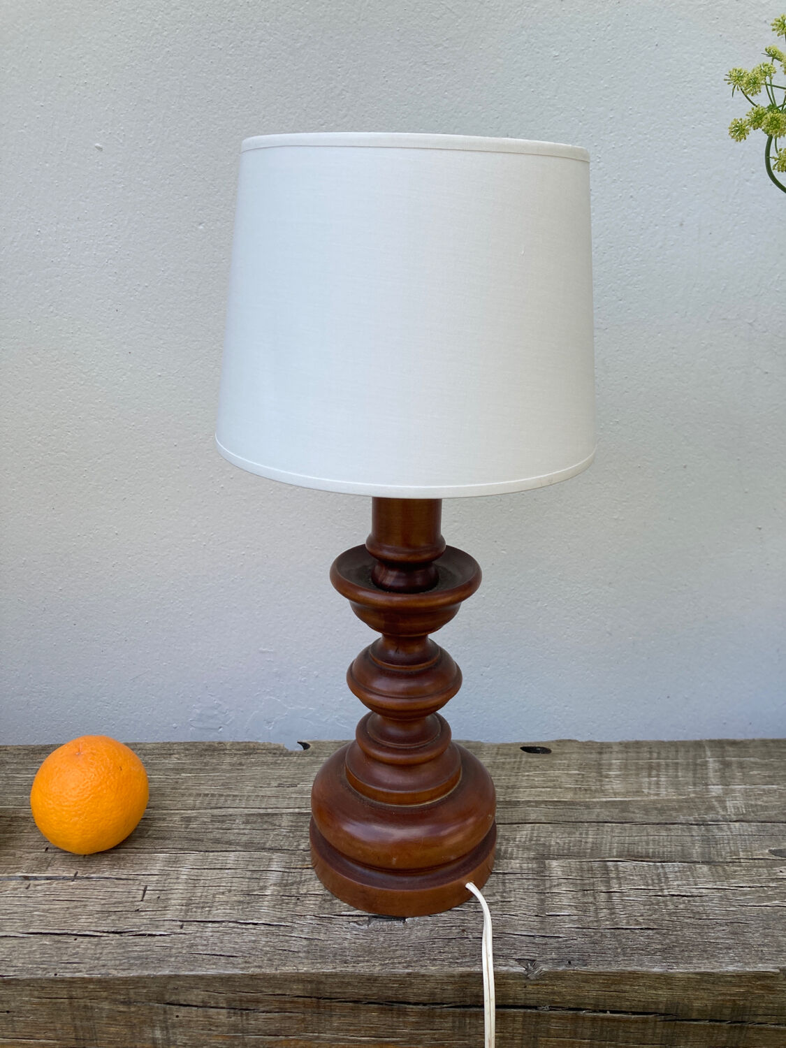 Vintage turned wooden lamp and white lampshade