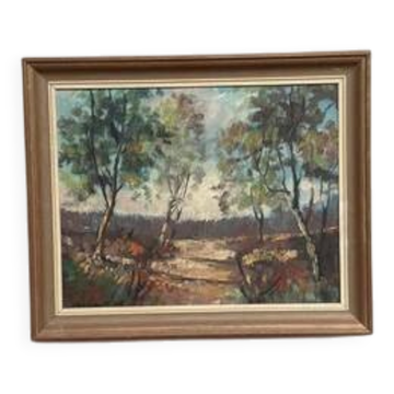 Huile sur toile du milieu du siècle "Arbres" par Lars S 58, vintage et encadrée 57×47cm