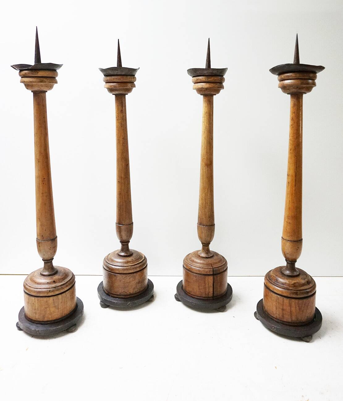 Large Antique French Wooden Candlesticks, 19th Century, Set of 4