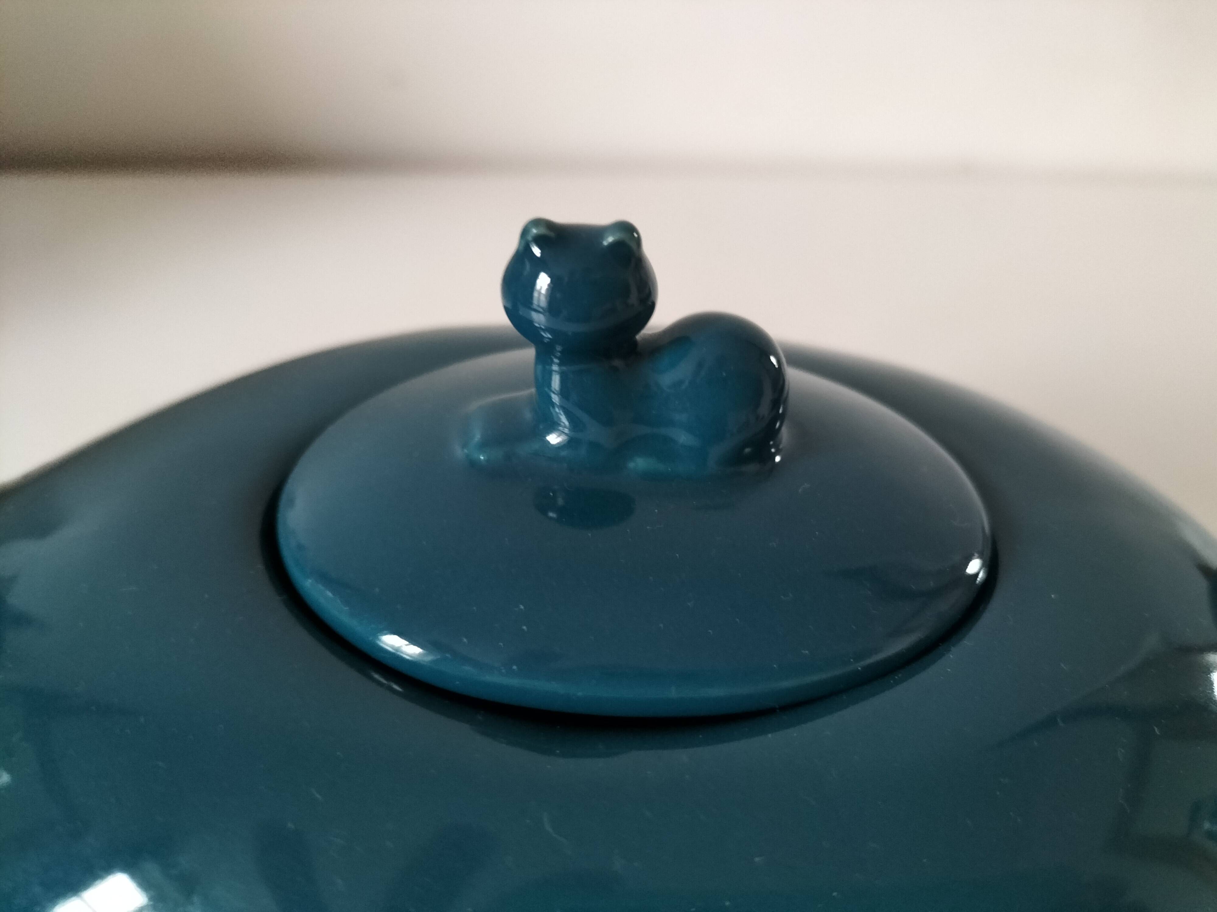 Vintage design teapot – cat model – duck blue glazed ceramic