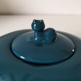 Vintage design teapot – cat model – duck blue glazed ceramic