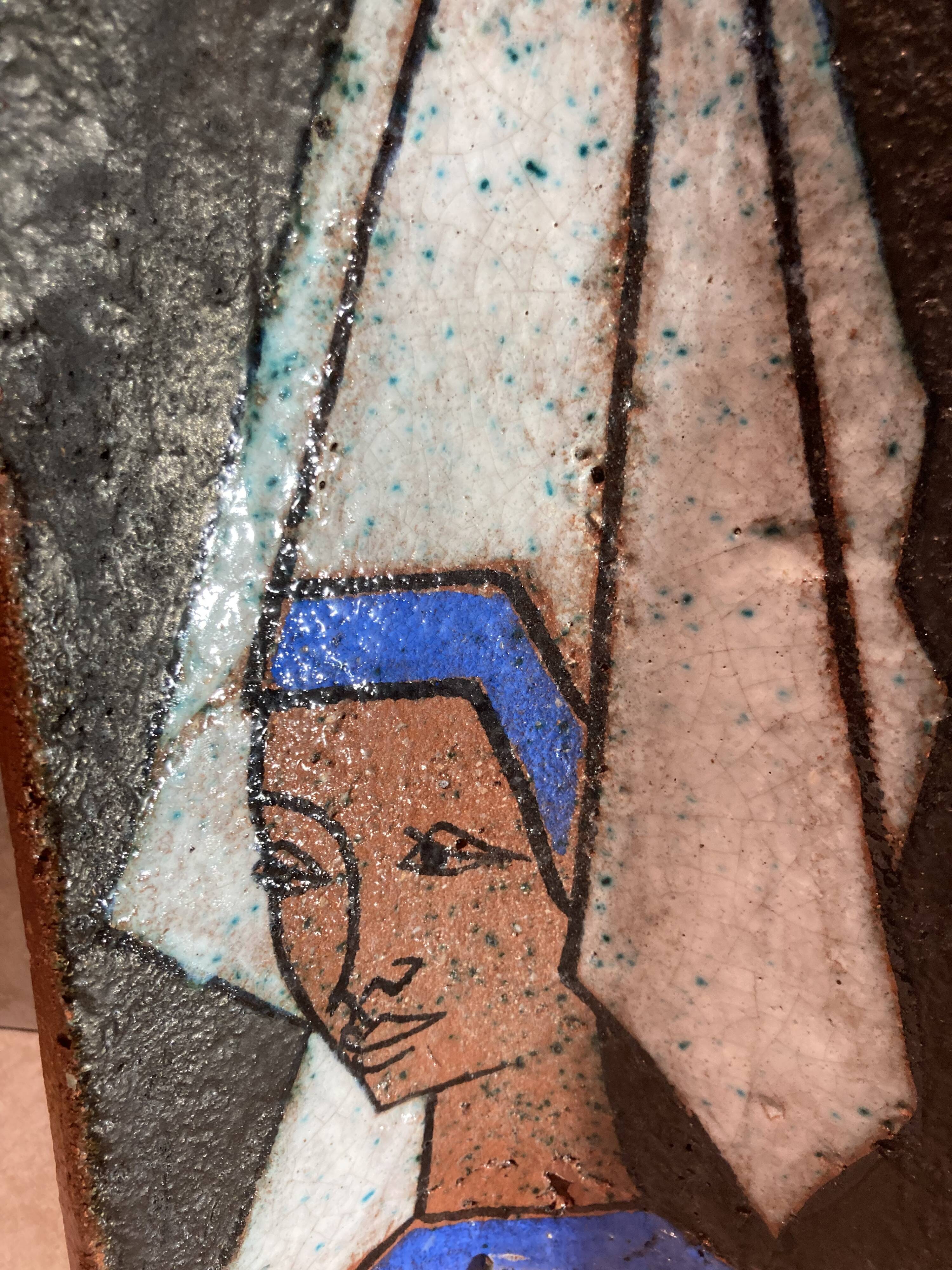 Terracotta tile with enamel decoration of a lady of the high nobility signed OGD