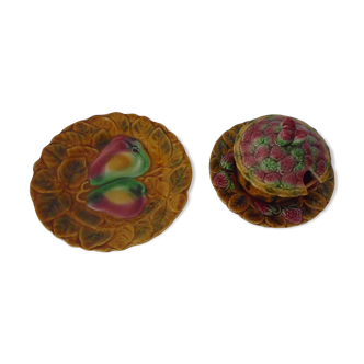Confiturier et assiette barbotine fruits Sarreguemines faience