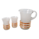 set composed of a pitcher and two large white granite glasses with gold edging from the 60s