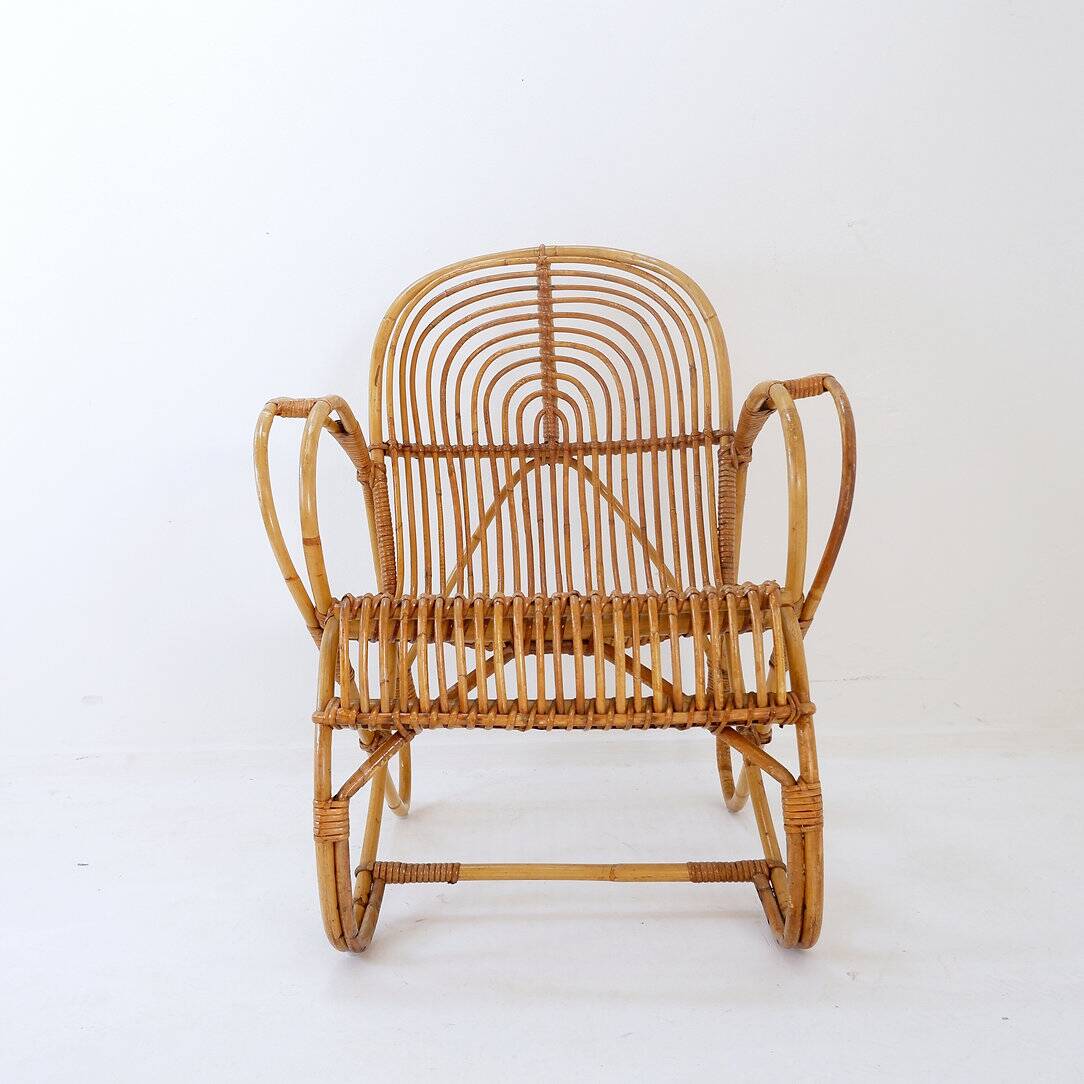 Vintage Curved rattan and bamboo armchair - 1960s